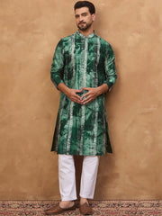 Ethnic Bay Men Green Silk Blend Shibori Embroidered Straight Kurta With Pant Set-MKSET1538