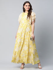 Lemon Yellow Crepe Floral Dress-AHDRCRDP-887
