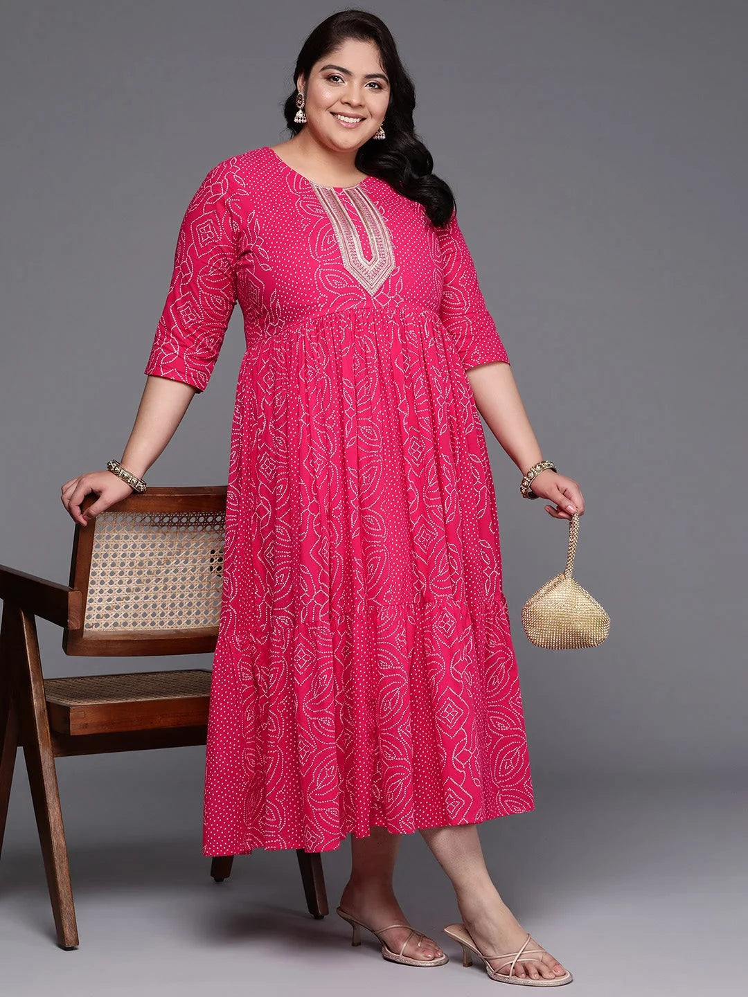 Plus Size Printed Fit & Flare Midi Cotton Indian Dress