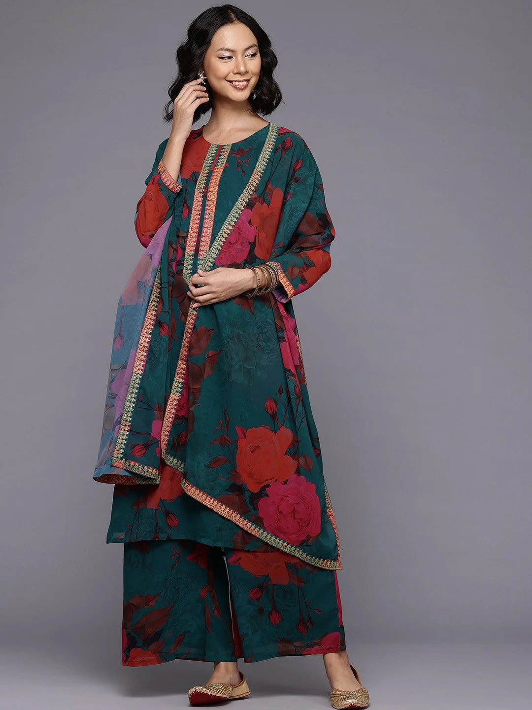 Floral Women's Palazzo Sets - Printed Kurta with Dupatta