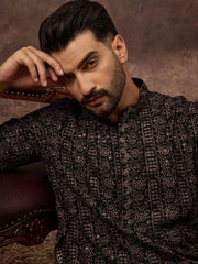 Ethnic Bay Men Black Viscose Rayon Ethnic Motifs Embroidered Straight Kurta With Pant Set-MKSET1405