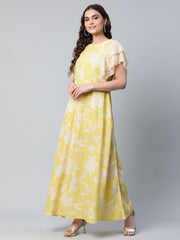 Lemon Yellow Crepe Floral Dress-AHDRCRDP-887