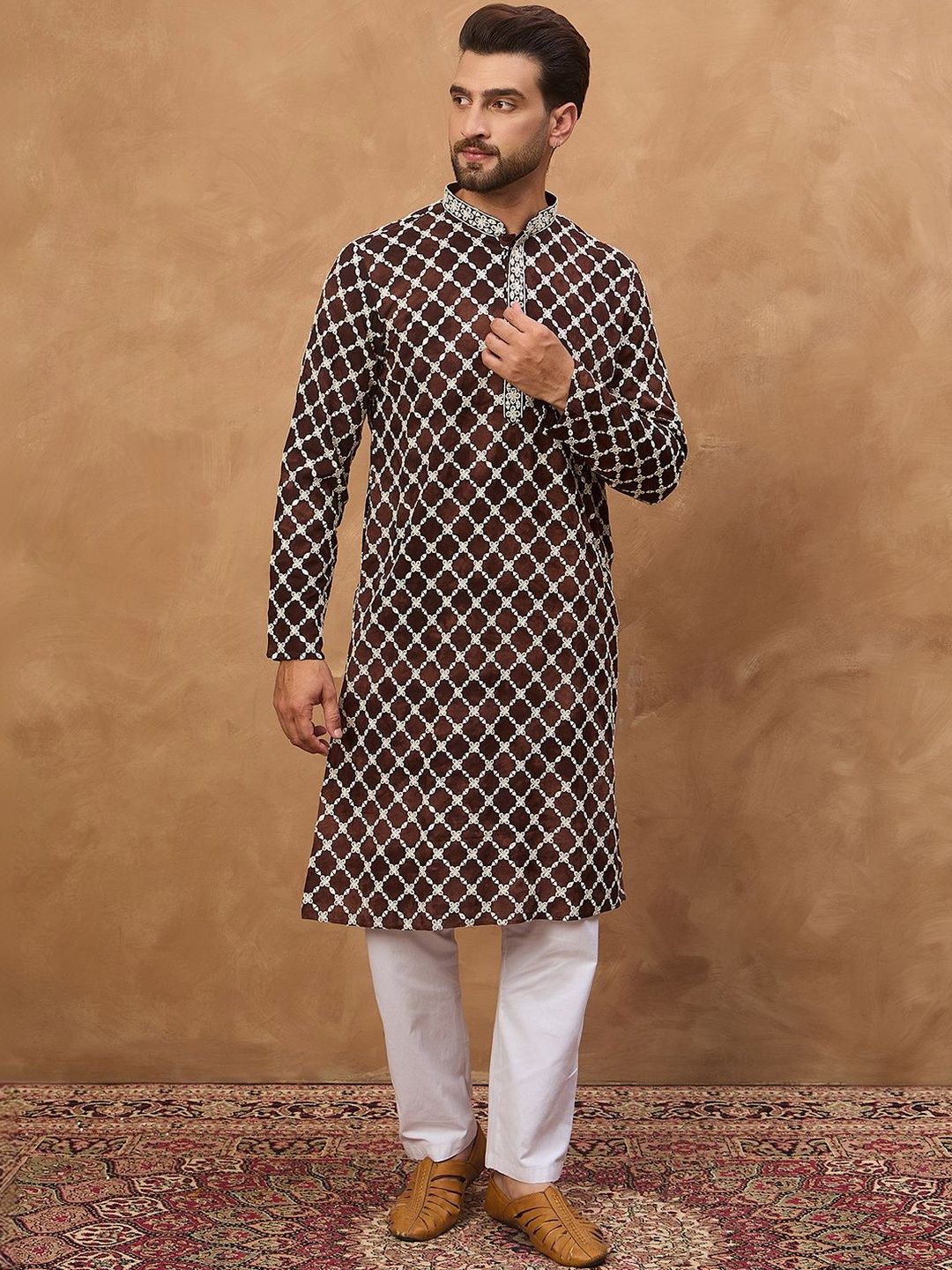 Ethnic Bay Men Brown Viscose Rayon Solid Embroidered Straight Kurta With Pant Set-MKSET1536