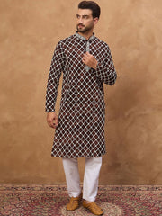 Ethnic Bay Men Brown Viscose Rayon Solid Embroidered Straight Kurta With Pant Set-MKSET1536