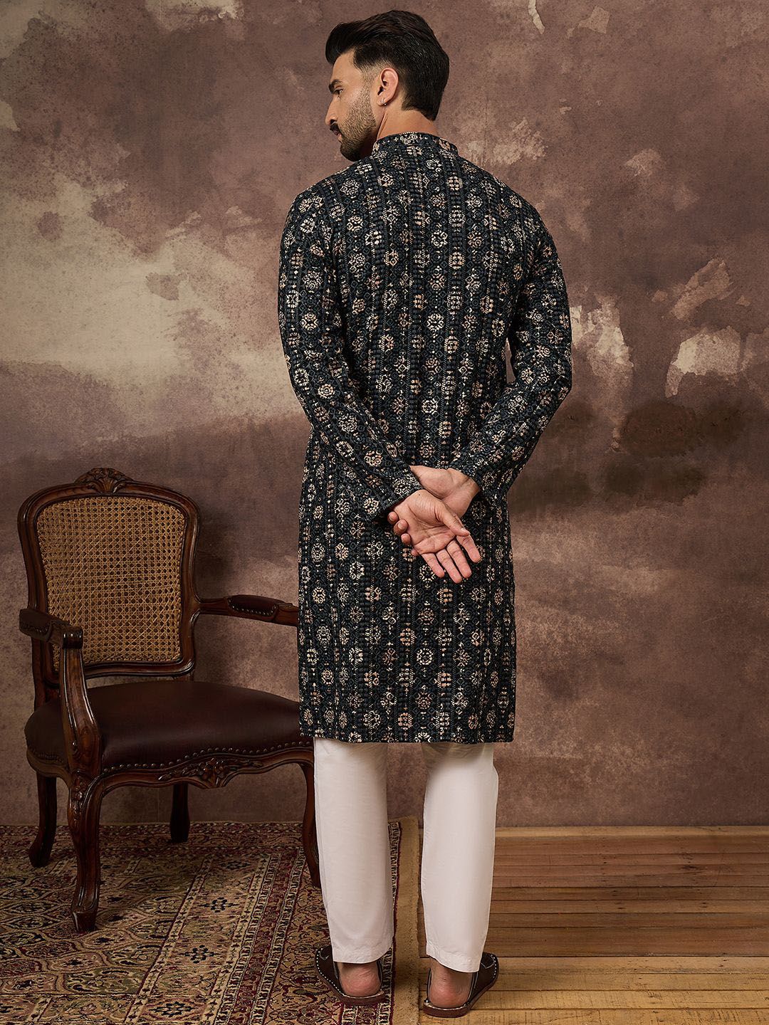 Ethnic Bay Men Black Viscose Rayon Geometric Embroidered Straight Kurta With Pant Set-MKSET1403