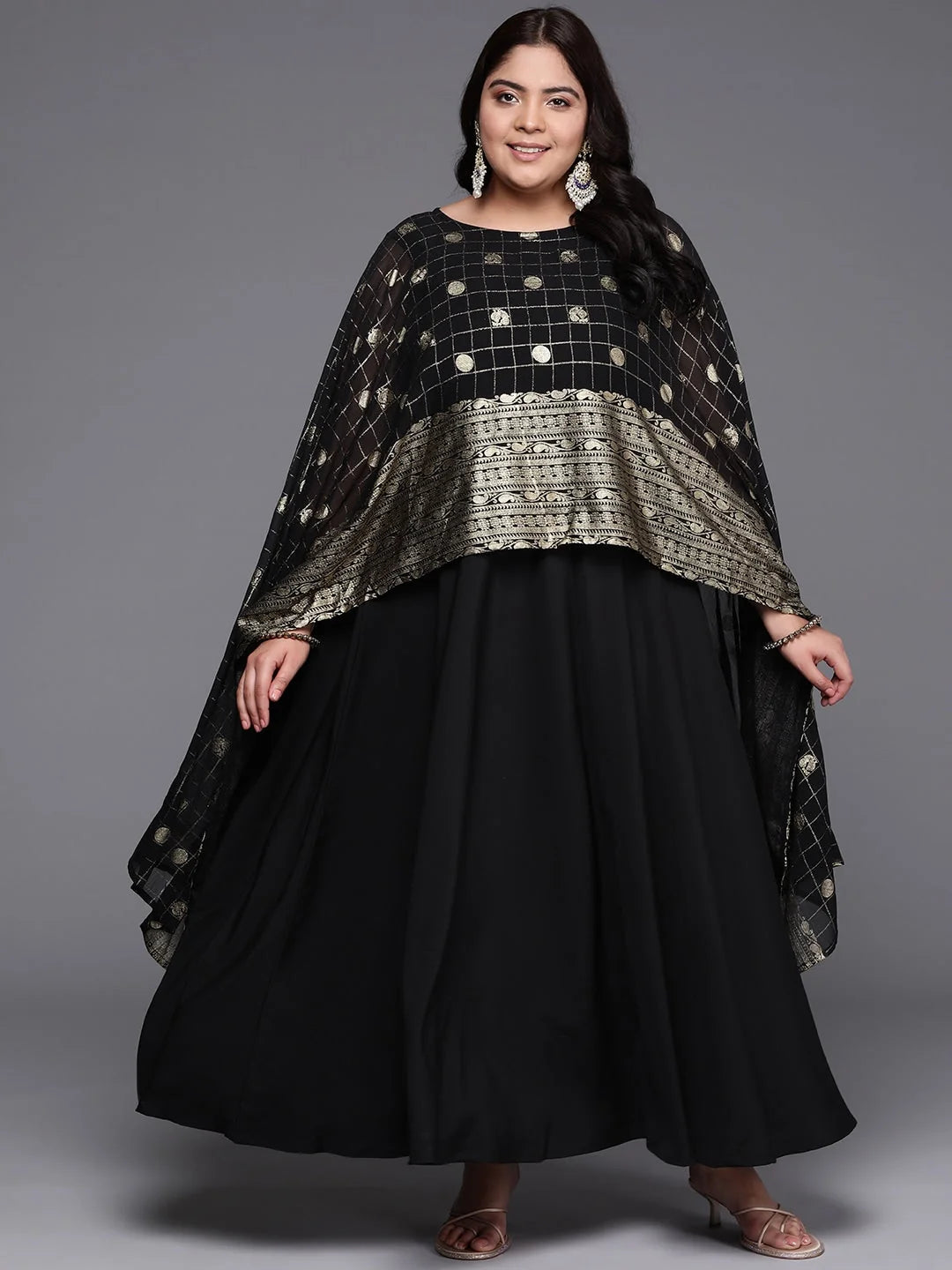 Plus Size Checked Cape Sleeves Layered Ethnic Gown-AP-AHEDCFFP-238