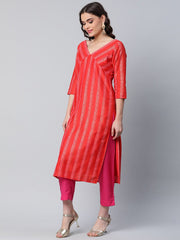 Red Striped Kurta with Trousers-AHKUPN-COMBO-436