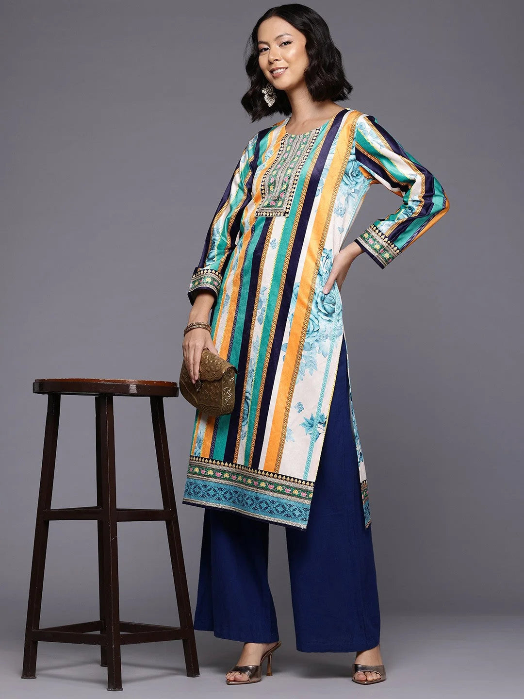Striped Gotta Patti Velvet Kurta-AHKUVLDP-1040