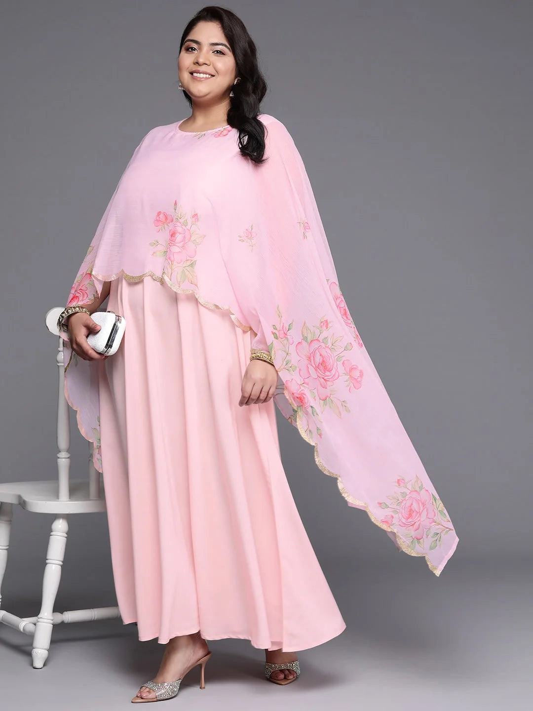 Plus Size Floral Cape Sleeve Gown | Indian Dresses Online