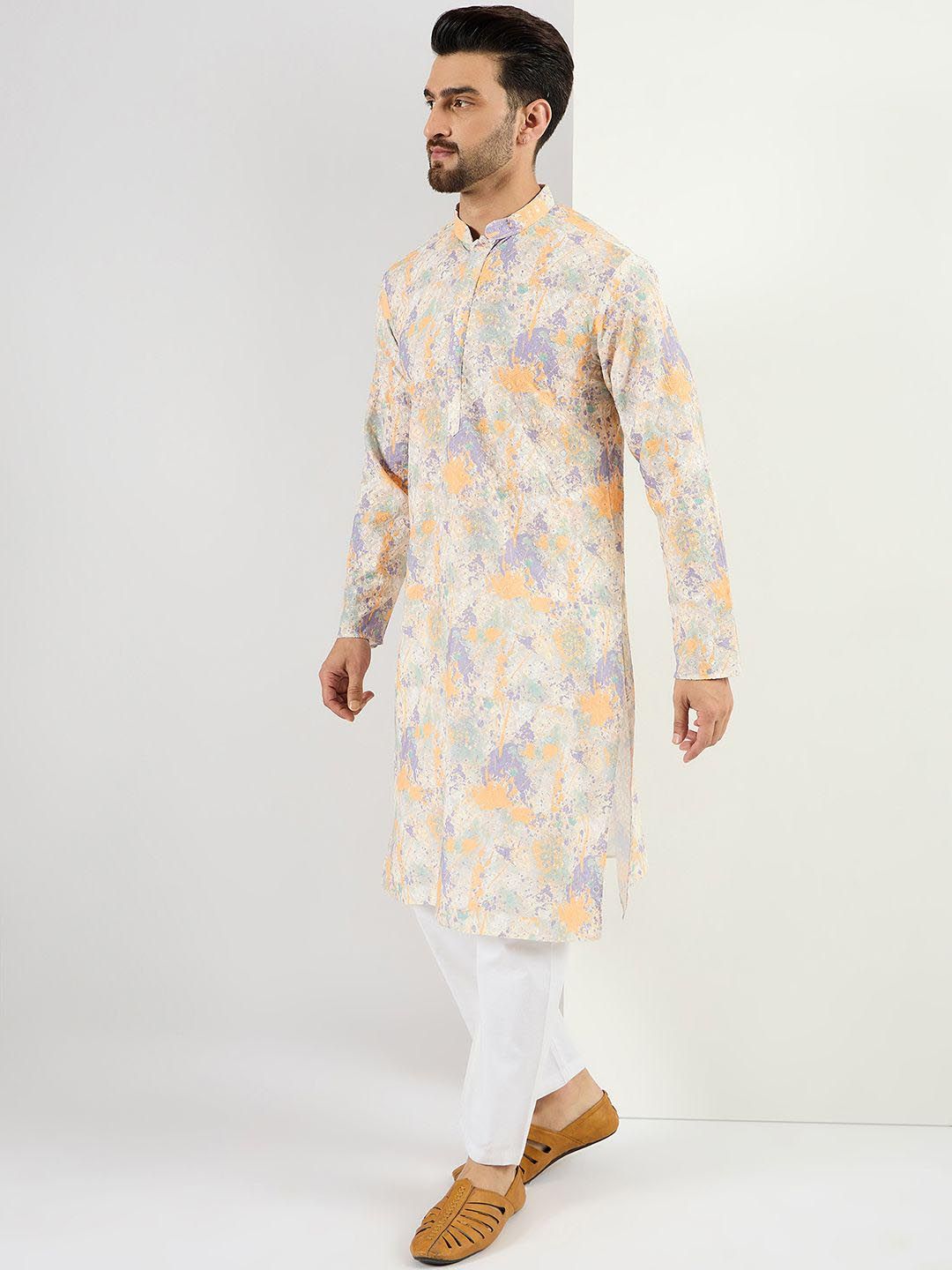 Ethnic Bay Men Off White Viscose Rayon Abstract Embroidered Straight Kurta With Pant Set-MKSET1063