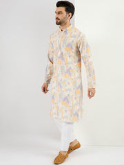 Ethnic Bay Men Off White Viscose Rayon Abstract Embroidered Straight Kurta With Pant Set-MKSET1063