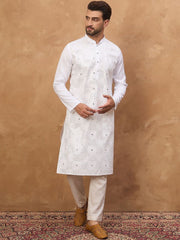 Ethnic Bay Men White Silk Blend Solid Embroidered Straight Kurta With Pant Set-MKSET1444