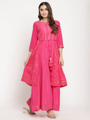 Dark Pink Printed Layered Tie- Ups Dress-AHDRCRKH-896