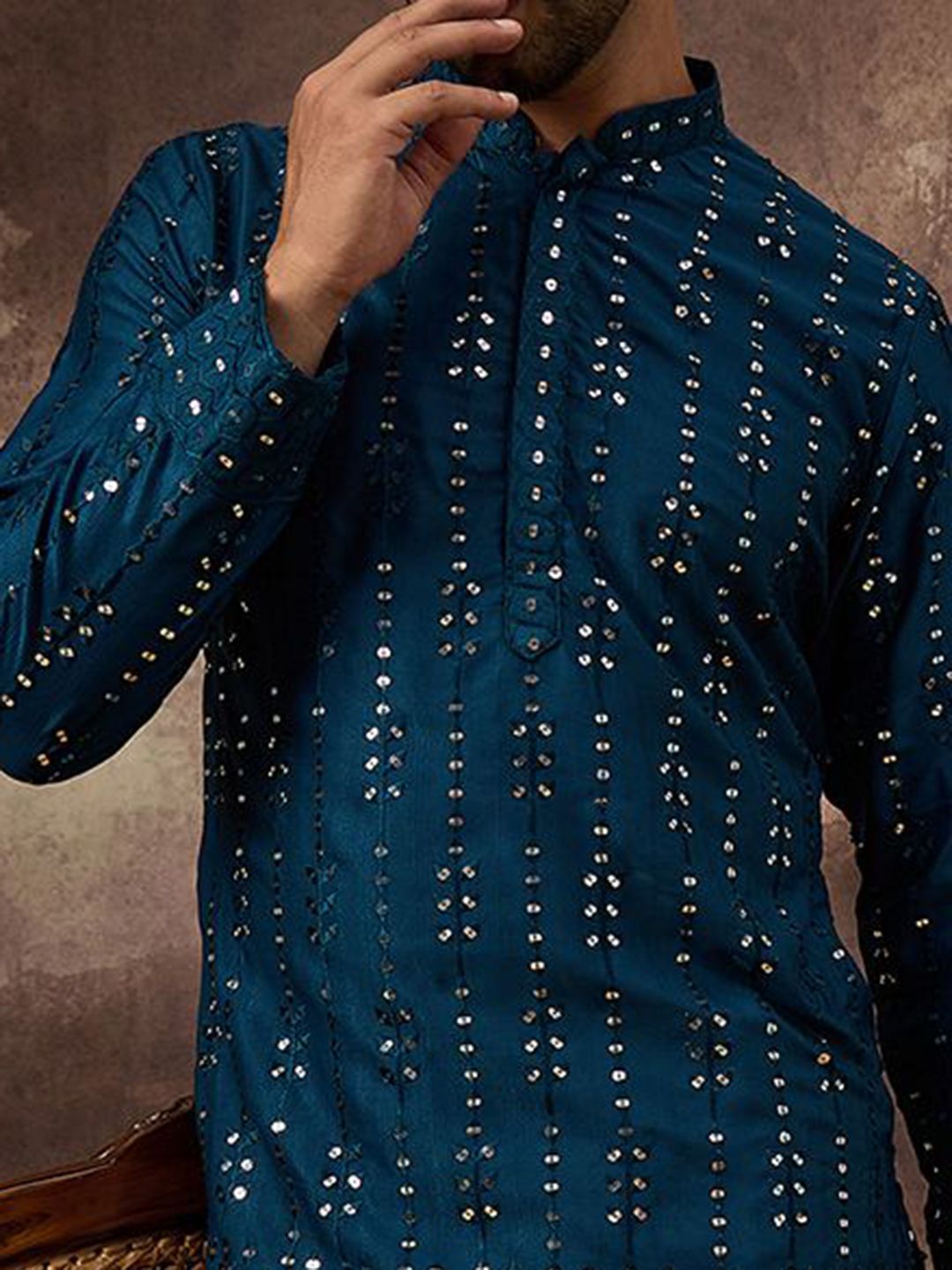 Ethnic Bay Men Blue Silk Blend Solid Embroidered Straight Kurta With Pant Set-MKSET1358