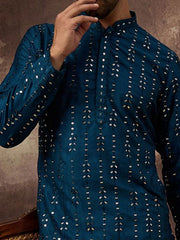 Ethnic Bay Men Blue Silk Blend Solid Embroidered Straight Kurta With Pant Set-MKSET1358
