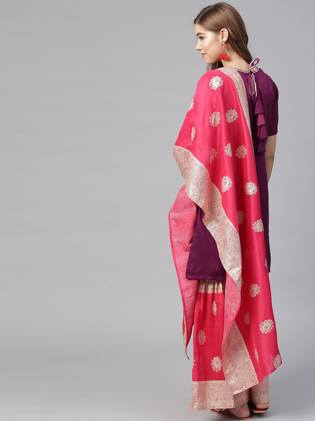 Purple & Red Printed Sharara Suit for Women | Poly Silk Set