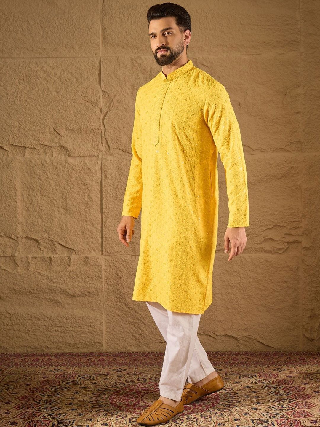 Ethnic Bay Men Yellow Viscose Rayon Solid Embroidered Straight Kurta With Pant Set-MKSET1222