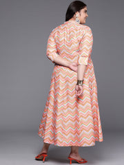 Plus Size Chevron Printed Mandarin Collar Midi Ethnic Dress-AP-AHEDCRDP-233
