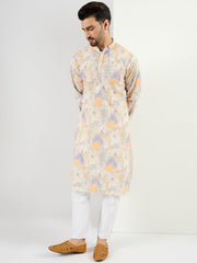 Ethnic Bay Men Off White Viscose Rayon Abstract Embroidered Straight Kurta With Pant Set-MKSET1063