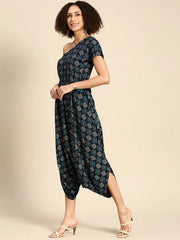 One shoulder dhoti Jumpsuit in Navy Print
