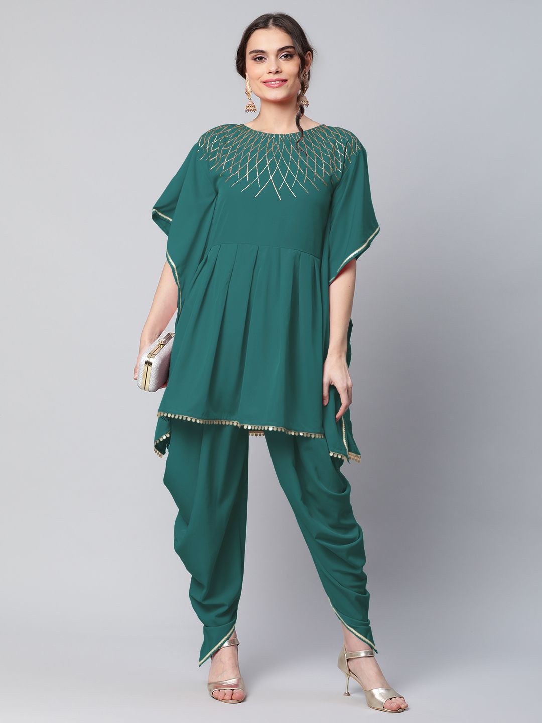 Dark Green Glitter Printed Kurta with Dhoti Pants-AHKUDH-COMBO-466