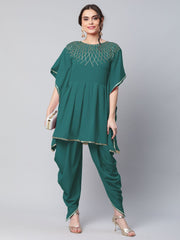 Dark Green Glitter Printed Kurta with Dhoti Pants-AHKUDH-COMBO-466