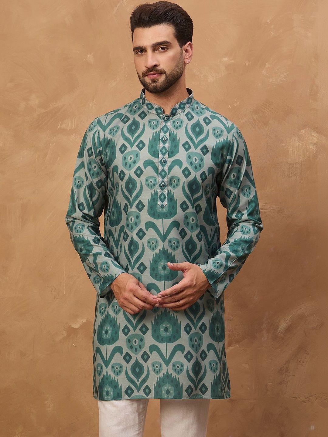 Ethnic Bay Men Green Cotton Blend Ethnic Motifs Printed Straight Kurta With Pant Set-MKSET1545