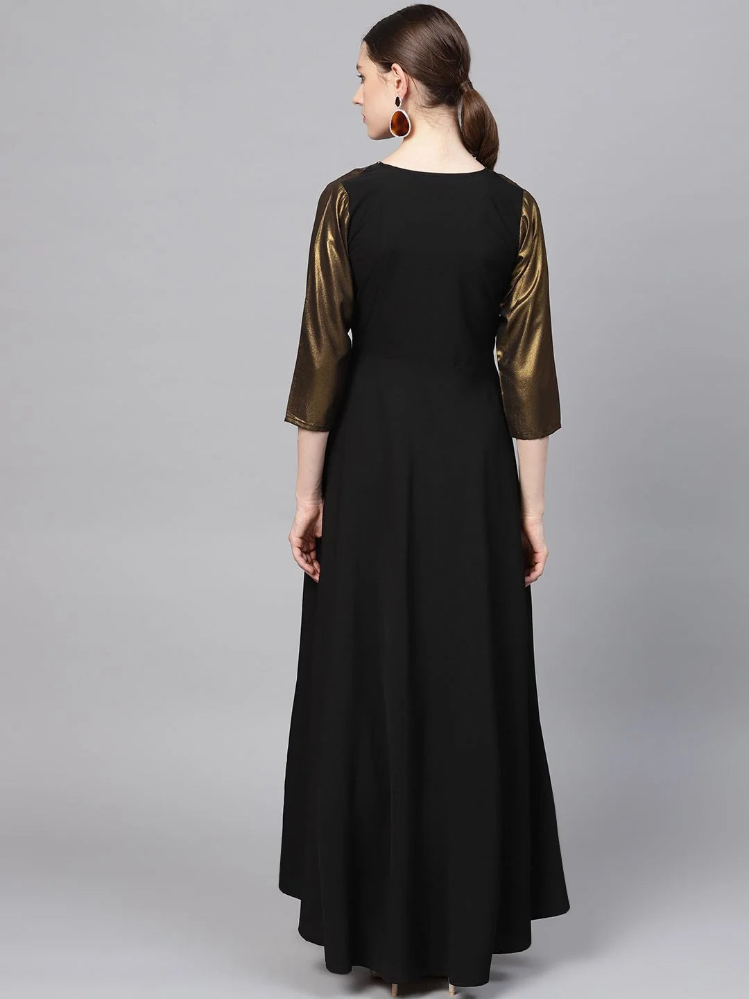 Black Printed Polyester Dress with Jacket | Indian Dresses