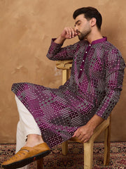 Ethnic Bay Men Purple Silk Blend Geometric Printed Straight Kurta With Pant Set-MKSET1529