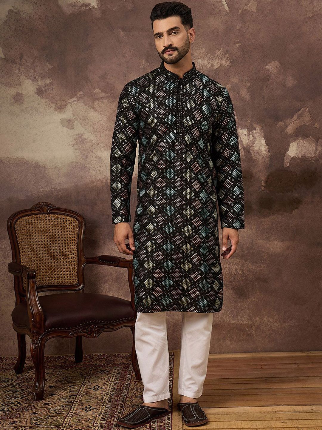 Ethnic Bay Men Black Silk Blend Solid Embroidered Straight Kurta With Pant Set-MKSET1384