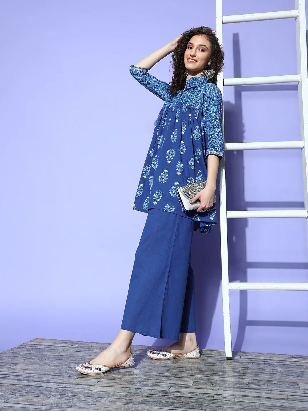 Blue Cotton Tunic & Palazzo Co-ord Set - Ethnic Two Piece Sets