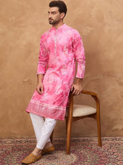 Ethnic Bay Men Pink Silk Blend Batik Embroidered Straight Kurta With Pant Set-MKSET1515