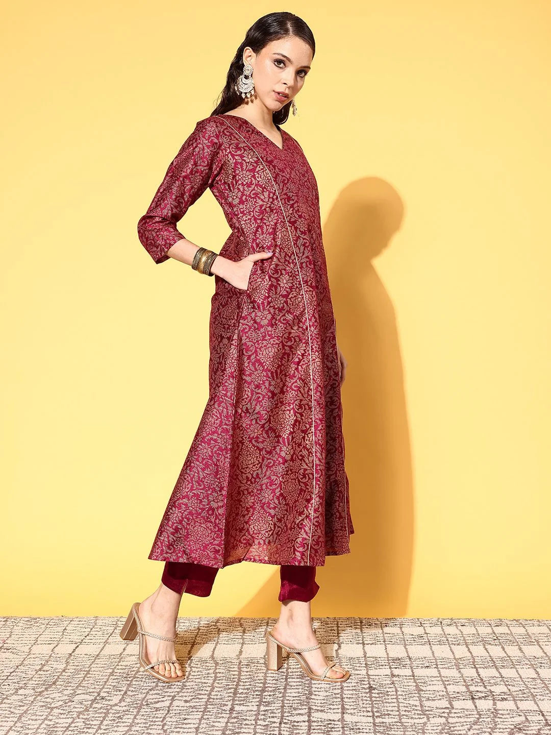 Wine Poly Silk Printed Kurta Pant Set | Indian Kurta Sets