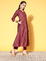 Wine Colour Poly Silk Gold Paste Printed Kurta Pant Set-AHKUDUPN-COMBO-373-FF