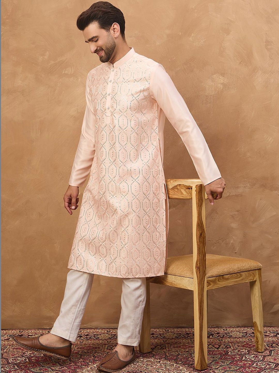 Ethnic Bay Men Peach Silk Blend Solid Embroidered Straight Kurta With Pant Set-MKSET1431