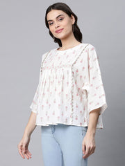 Off White Pure Cotton Floral Printed Tunic-AHTUCOPG-8065