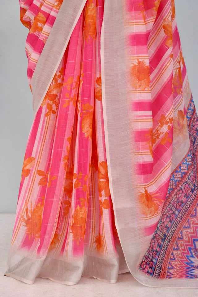 Linen Digital Print Pink Saree With Unstiched Blouse Piece