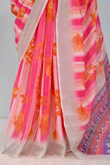 Linen Digital Print Pink Saree With Unstiched Blouse Piece-MPHL-37-PINK
