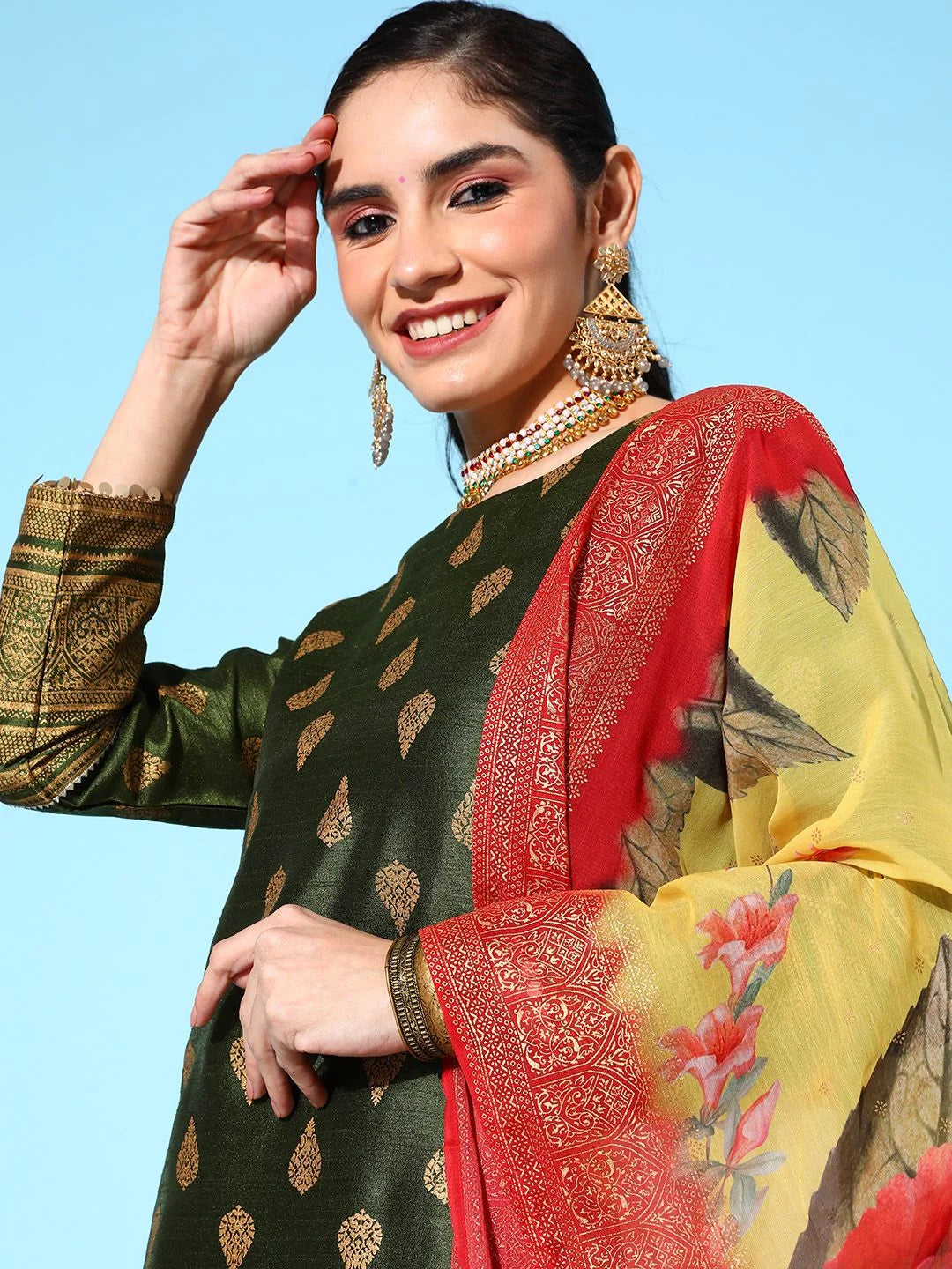 Olive Green Printed Kurta Pant Dupatta Set | Indian Kurta Sets