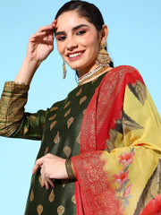 Olive Green Poly Silk Gold Printed Kurta Pant Set With Dupatta-AHKUDUPN-COMBO-405-FF
