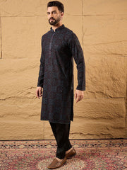 Ethnic Bay Mens Black Viscose Rayon Geometric Embroidered Chikankari Straight Kurta With Pant Set-MKSET1166