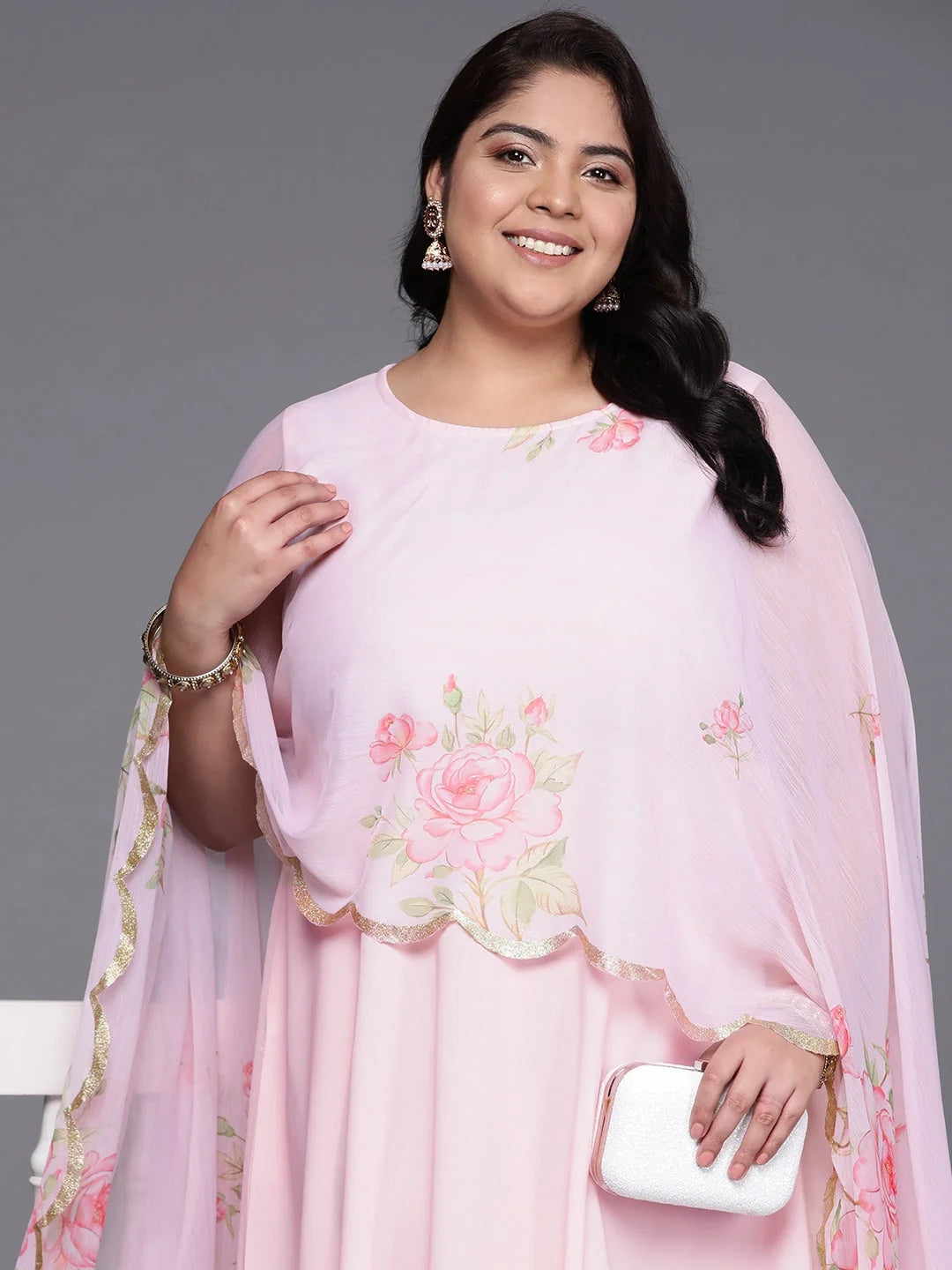Plus Size Floral Cape Sleeve Gown | Indian Dresses Online