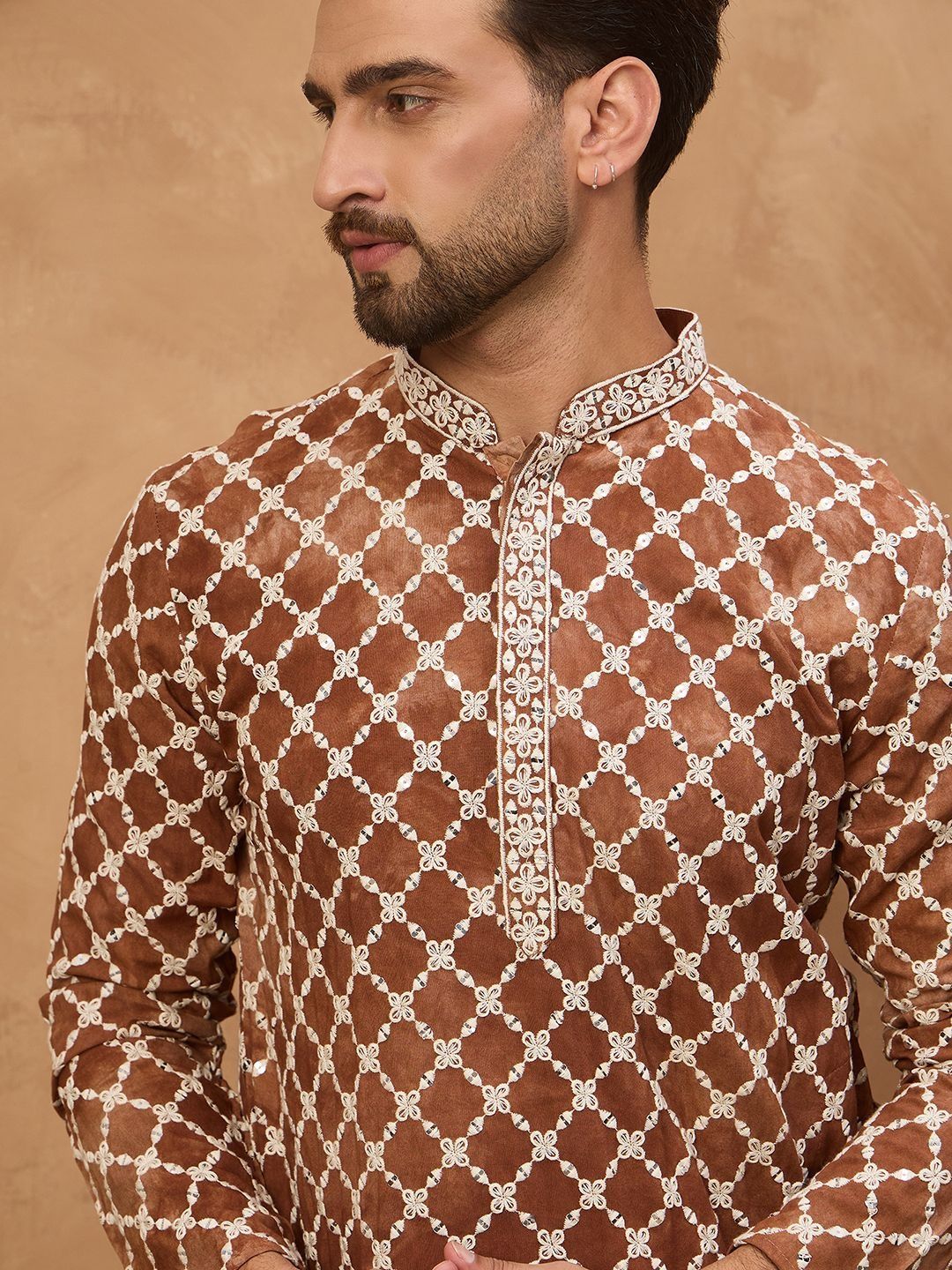 Ethnic Bay Men Brown Viscose Rayon Solid Embroidered Straight Kurta With Pant Set-MKSET1535