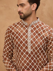 Ethnic Bay Men Brown Viscose Rayon Solid Embroidered Straight Kurta With Pant Set-MKSET1535