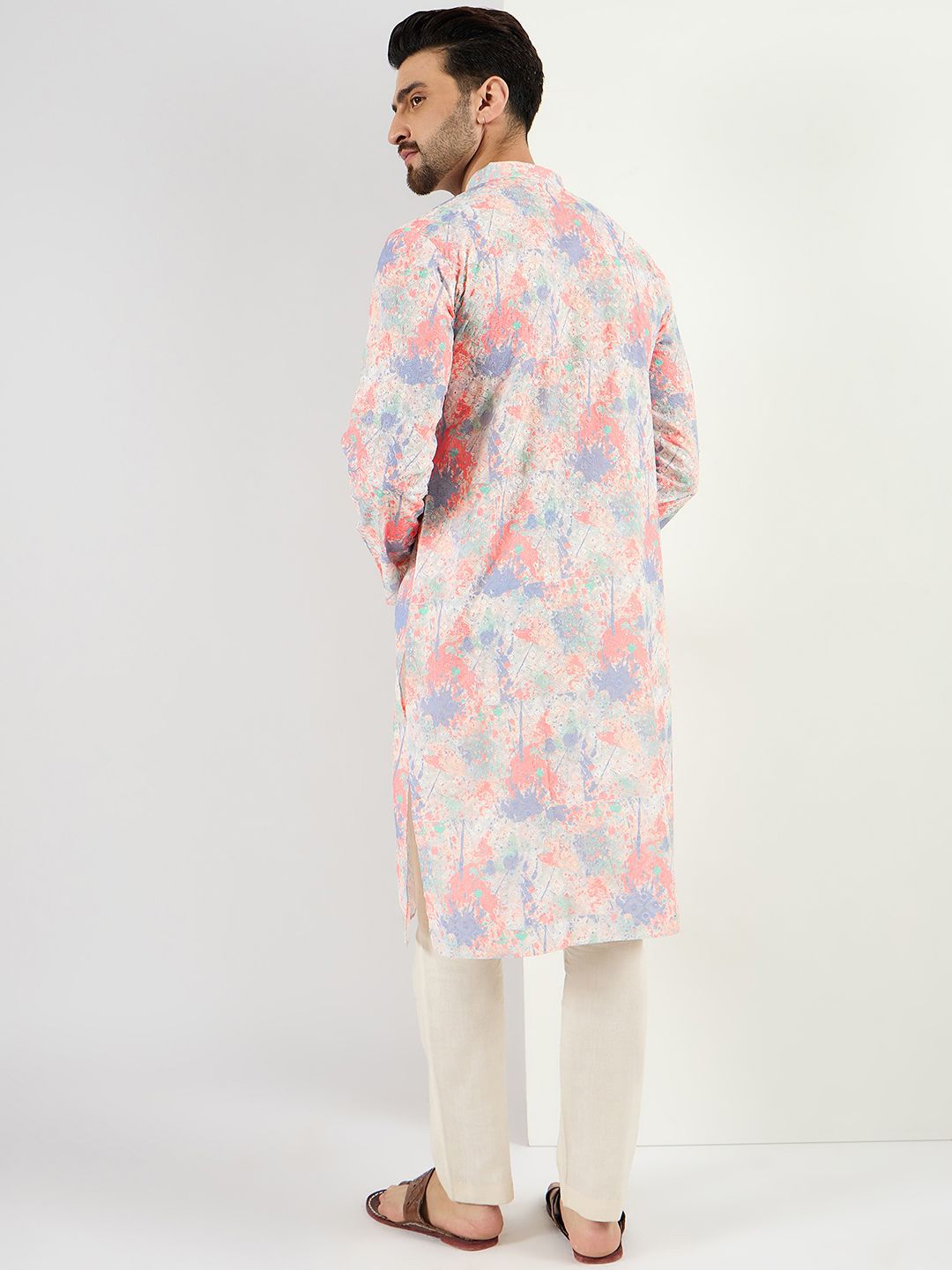 Ethnic Bay Men Off White Viscose Rayon Abstract Embroidered Straight Kurta With Pant Set-MKSET1082