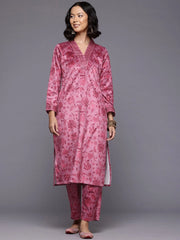 Floral Printed Sequinned Velvet Kurta with Trousers-AHKUPN-COMBO-1027