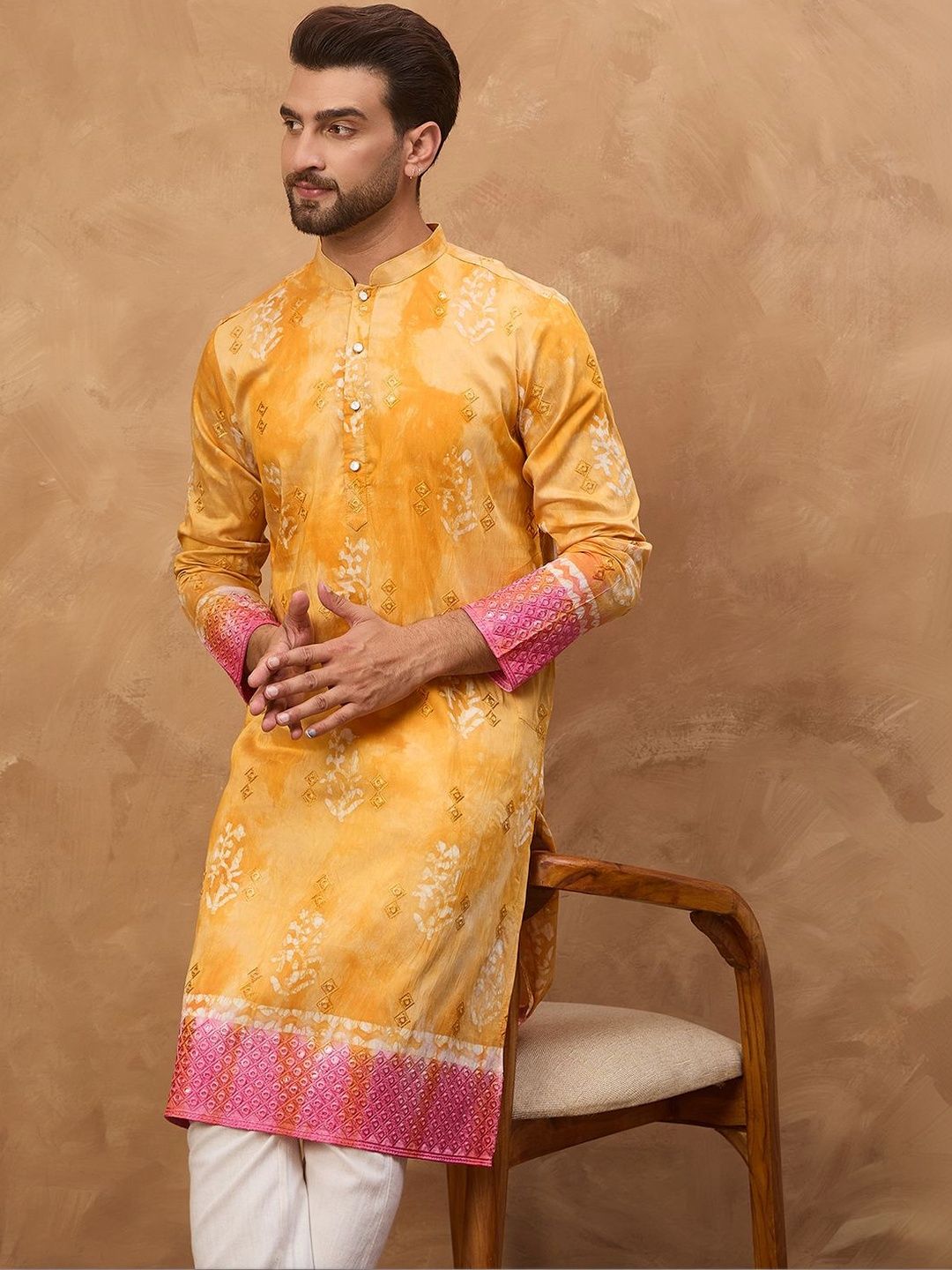 Ethnic Bay Men Yellow Silk Blend Batik Embroidered Straight Kurta With Pant Set-MKSET1513