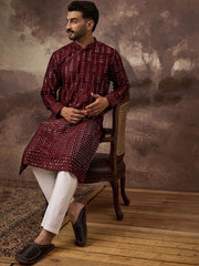 Ethnic Bay Men Maroon Silk Blend Solid Embroidered Straight Kurta With Pant Set-MKSET1361