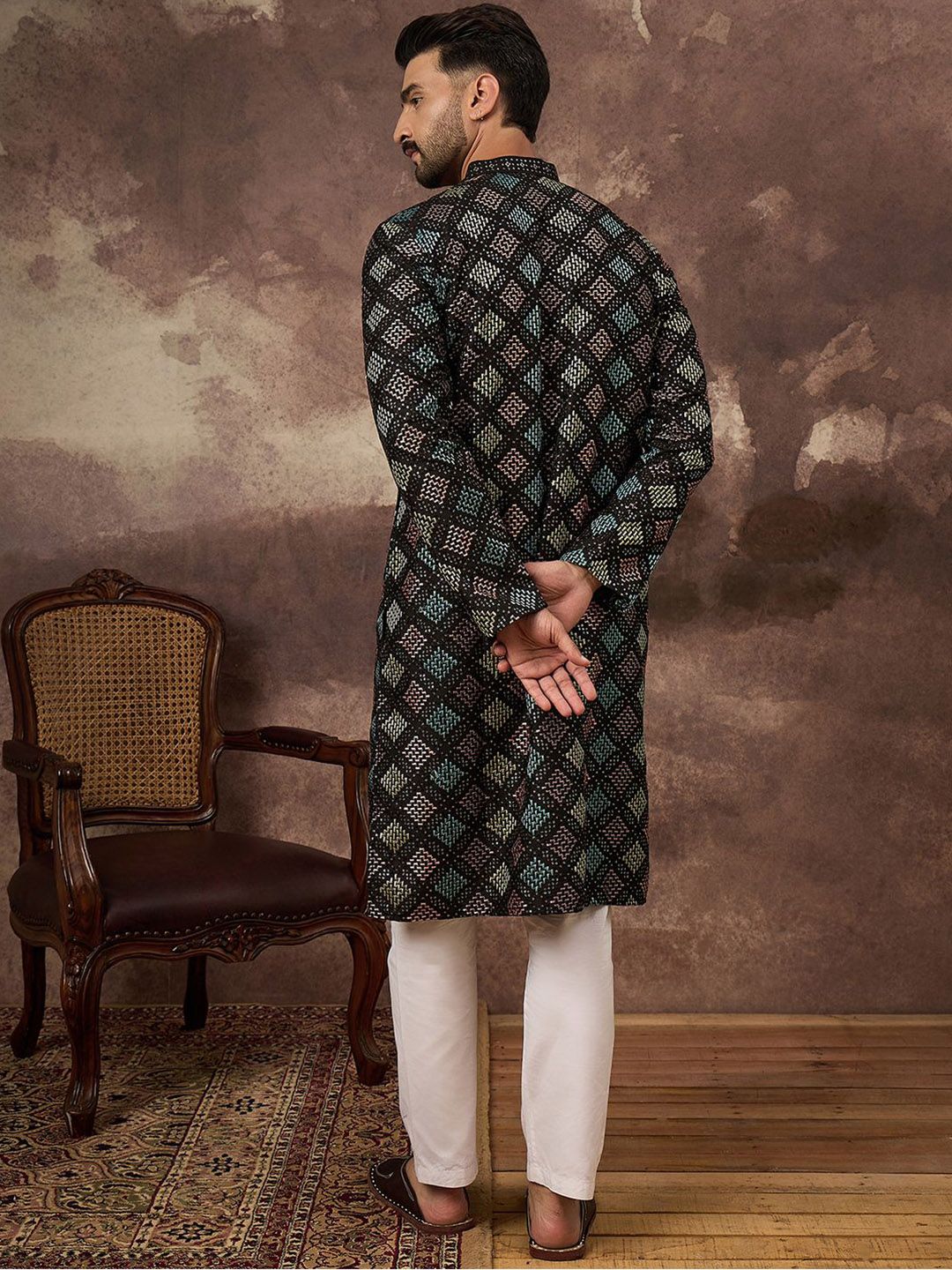 Ethnic Bay Men Black Silk Blend Solid Embroidered Straight Kurta With Pant Set-MKSET1384