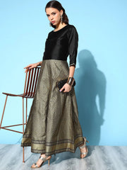 Black Poly Silk Gold Printed Jumpsuit-AHJSPSFP-952-FF